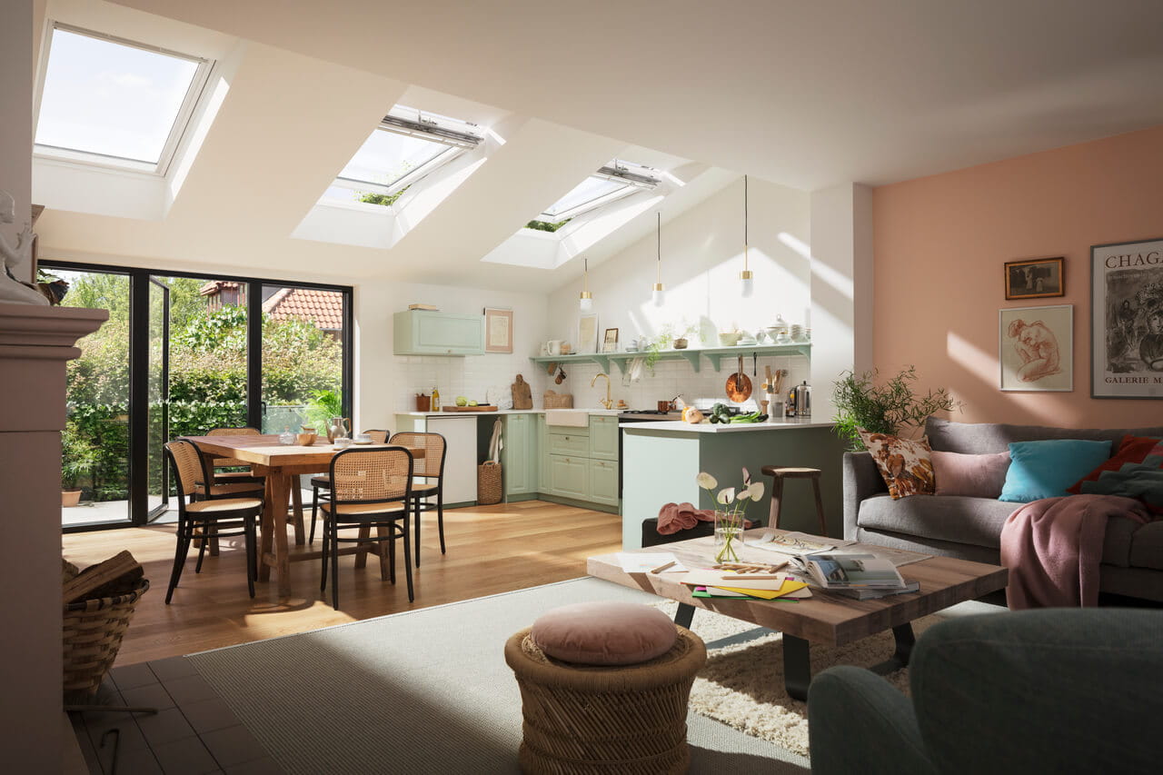 Joined kitchen and living room space with three roof windows