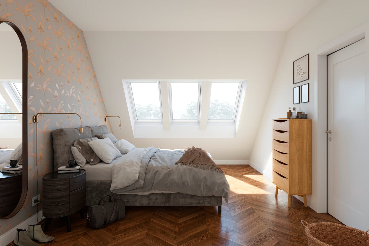 Stylish and bright bedroom in the attic with a 3in1 roof window from VELUX