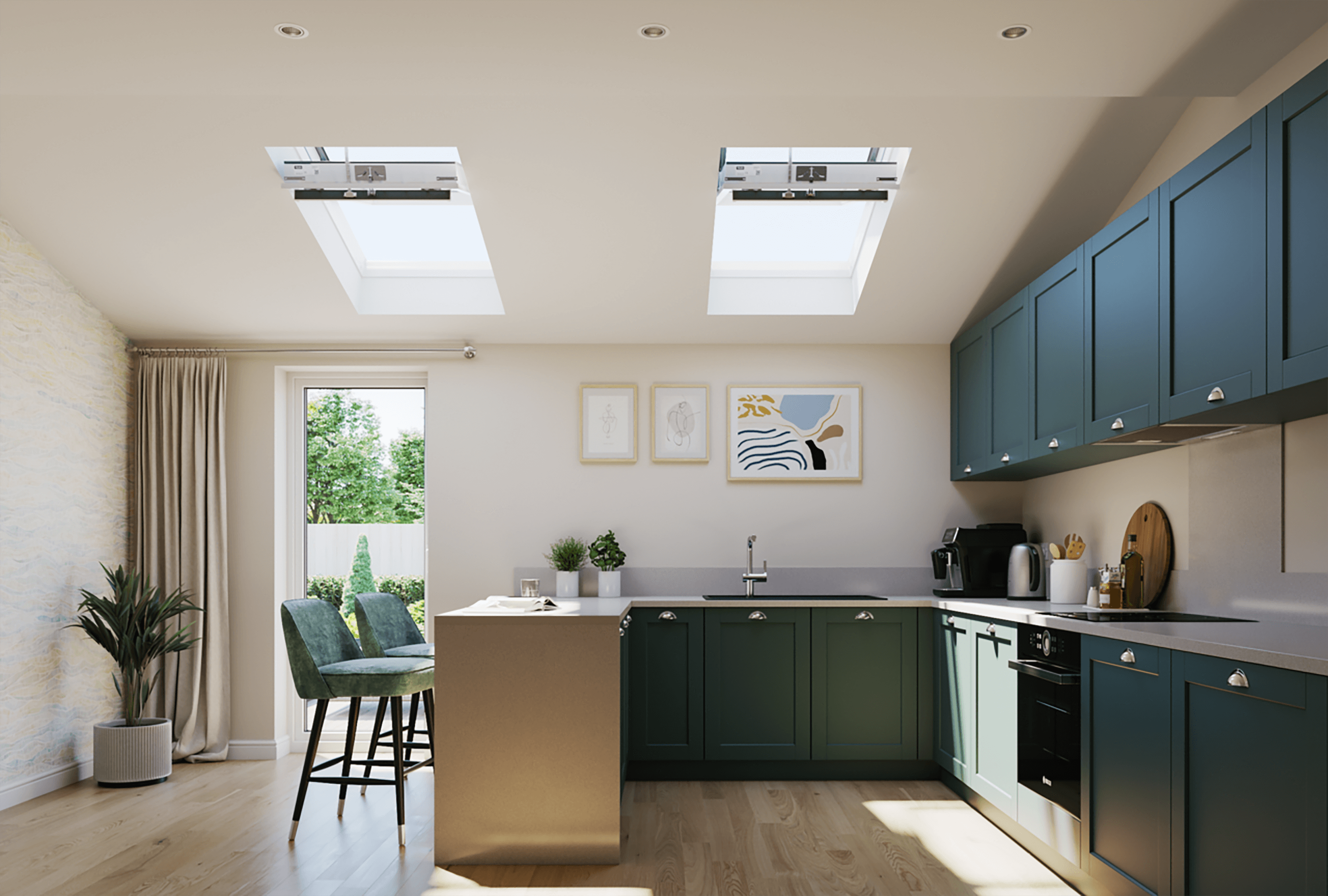 A kitchen with two flat roof windows in the ceiling