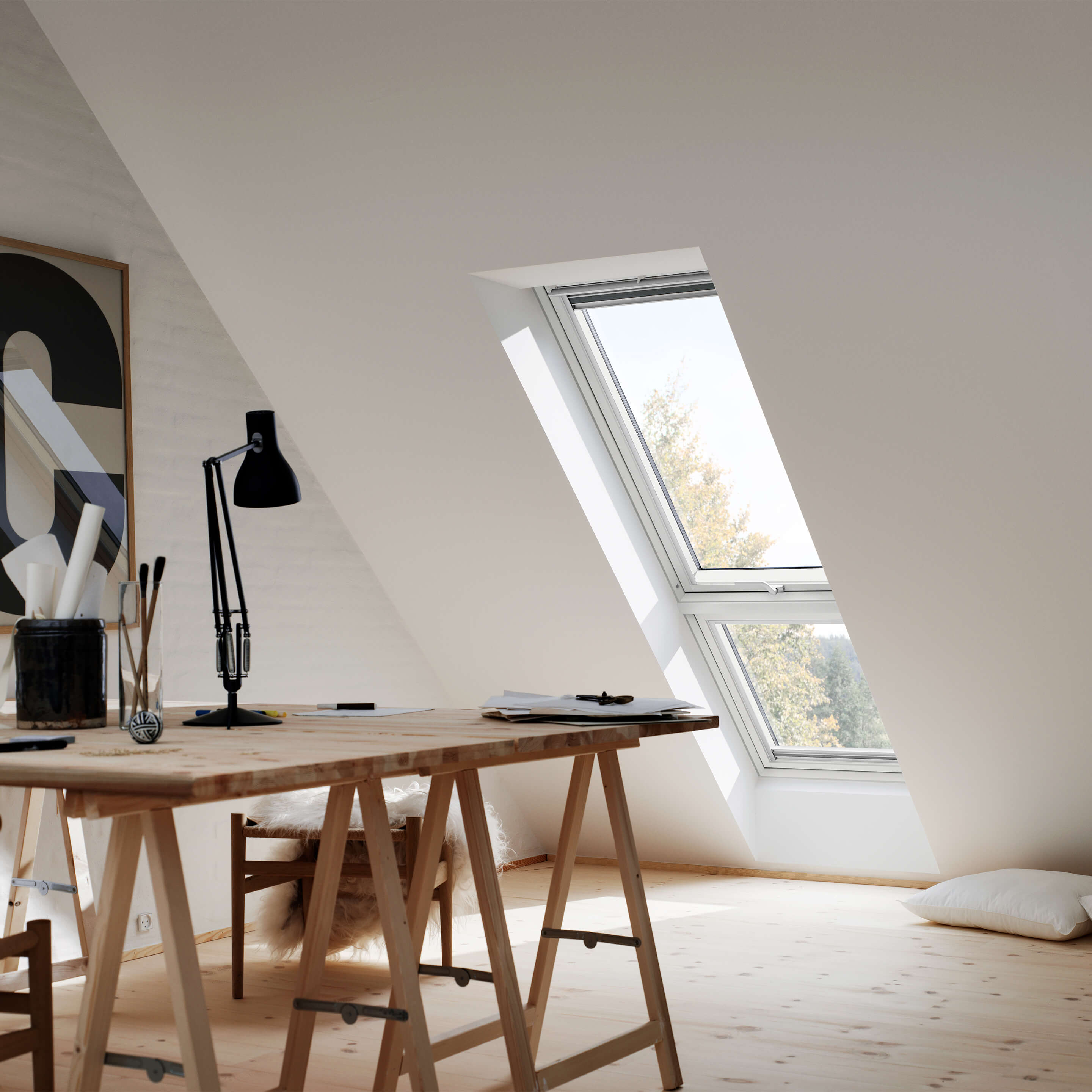 VELUX duo multiple roof window solution interior view in home office