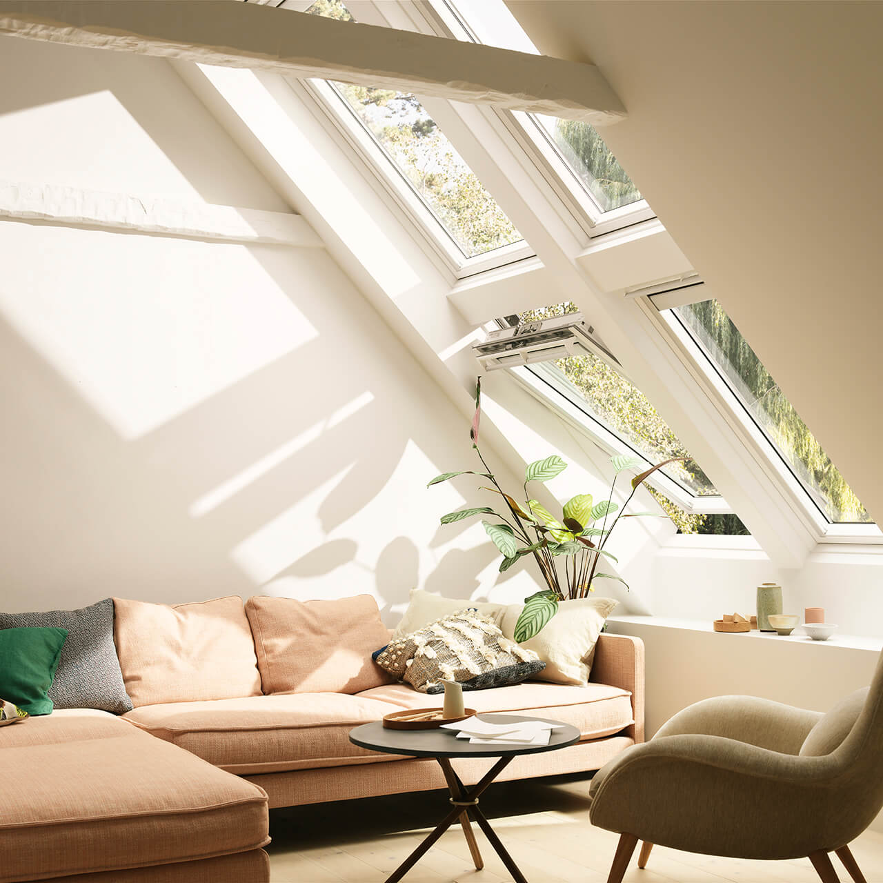 VELUX quattro multiple roof window solution interior view in living room