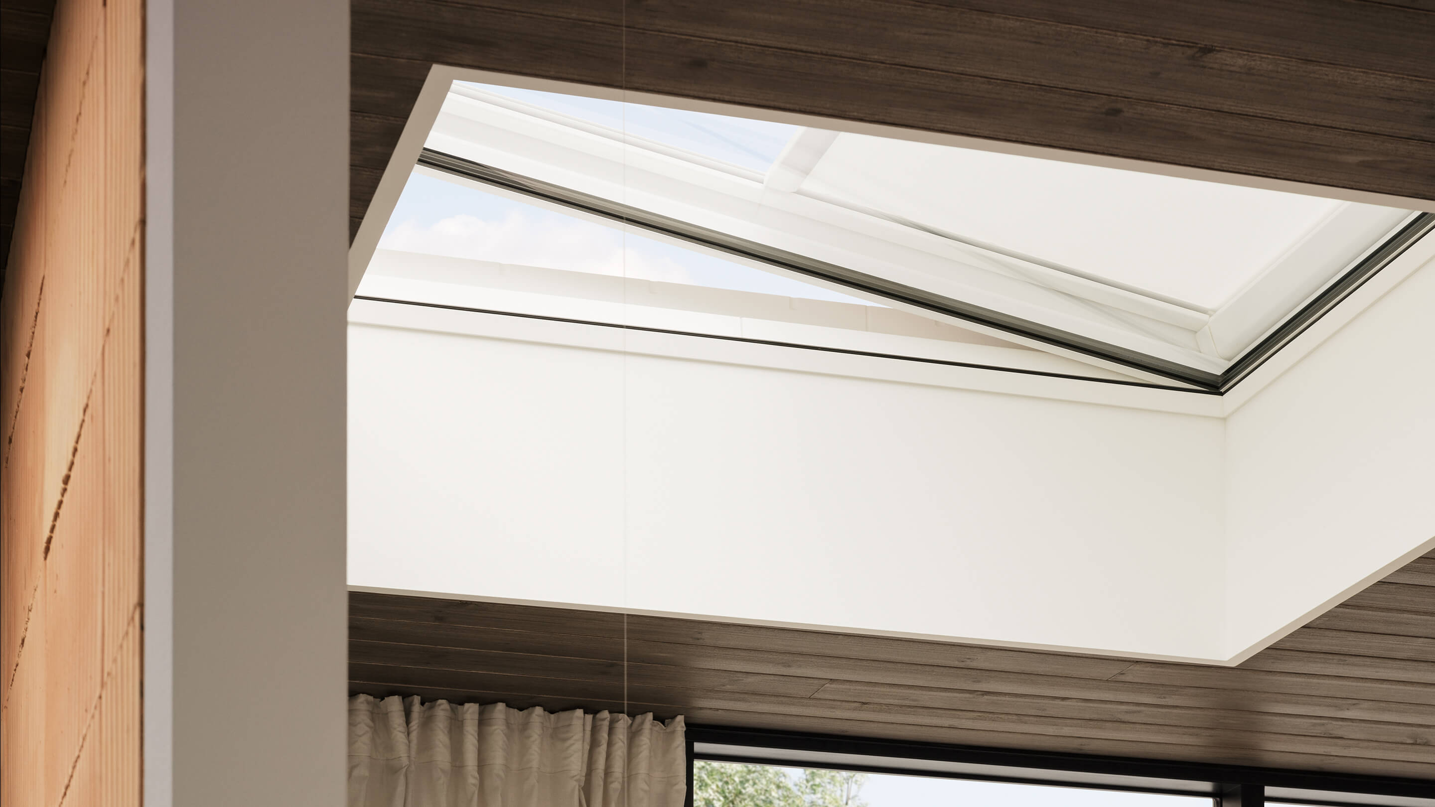 VELUX anti-heat awning blind for flat roof windows installed in a VELUX flat roof window seen from the inside