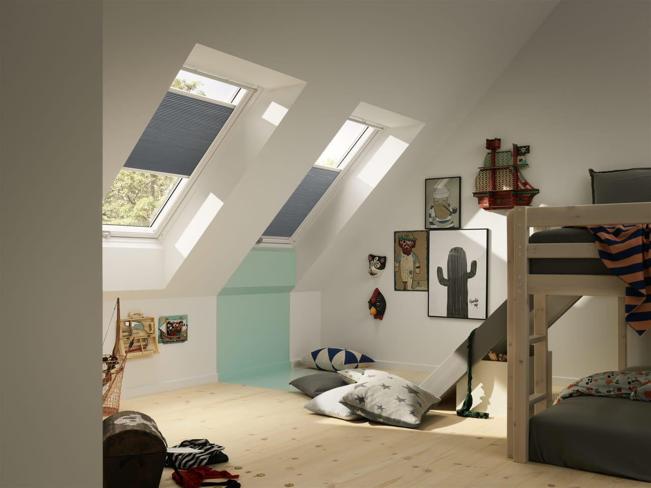 Image of kids room where VELUX blackout energy pleated blinds are used for light control.