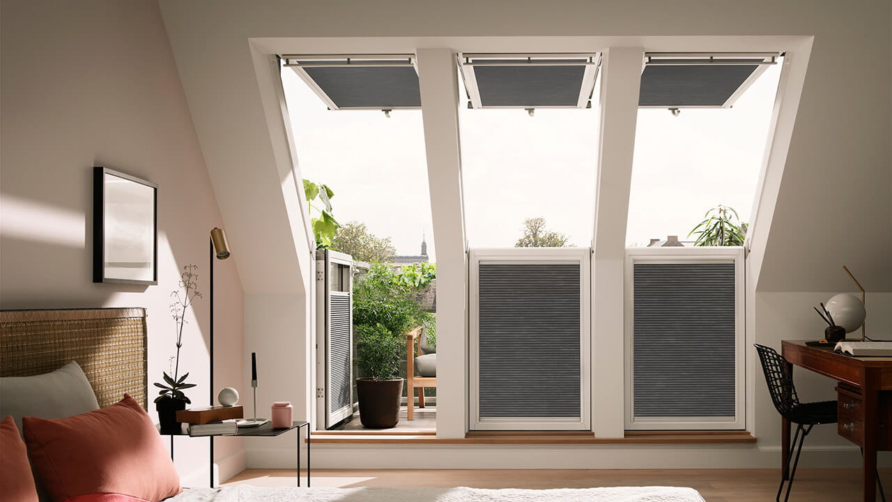 Inside view of VELUX roof terraces with blinds