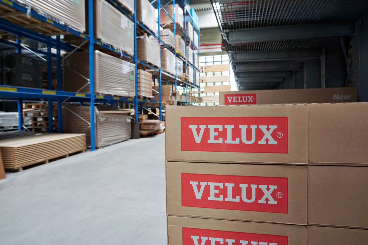 A view of part of VELUX warehouse with packed roof windows
