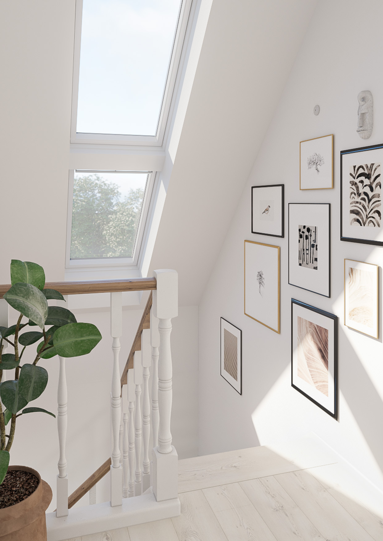 A staircase area with white walls and a painting collage on the right side wall
