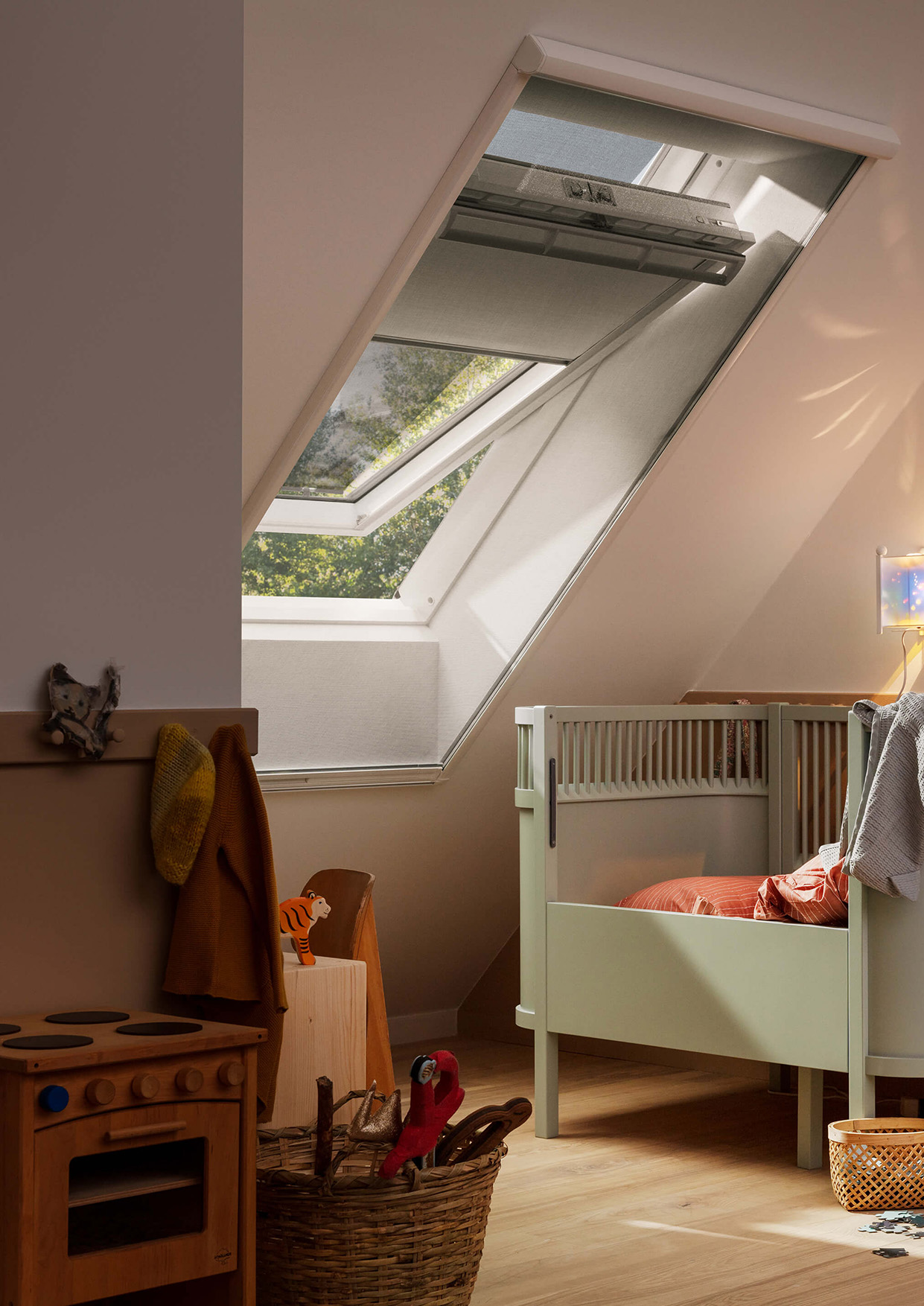 Kids room with open roof window and blinds