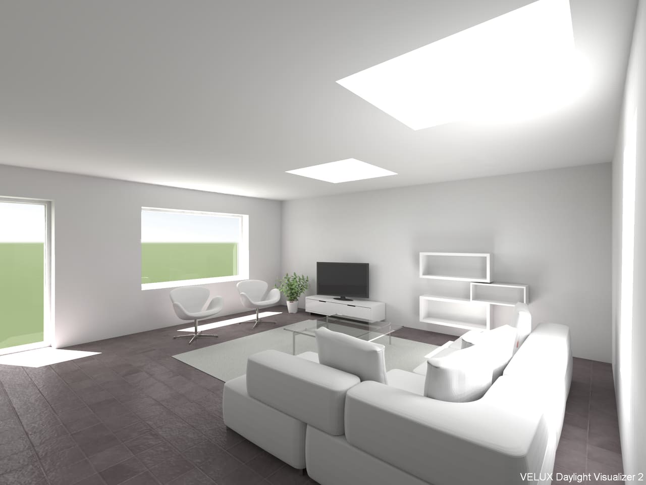 Visualization of white painted living room with a flat roof window