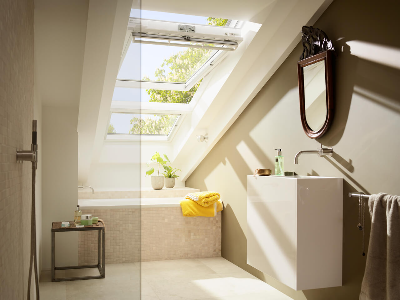 Sunny bathroom with an open roof window