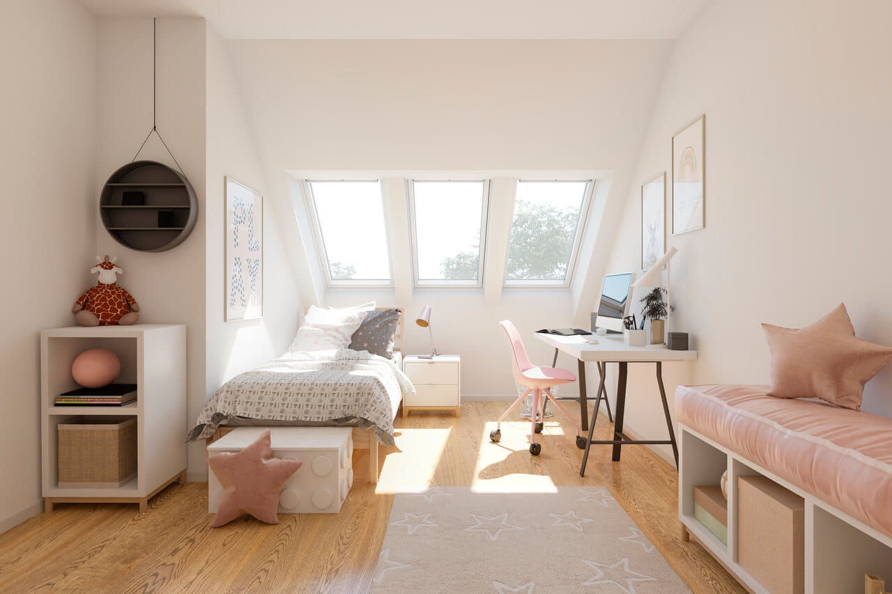 A very bright kids room with pastel color furniture and a 3in1 roof window