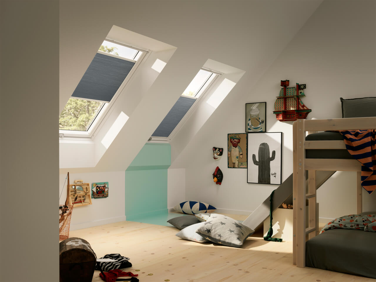 Colourful kids room with roof windows and blinds