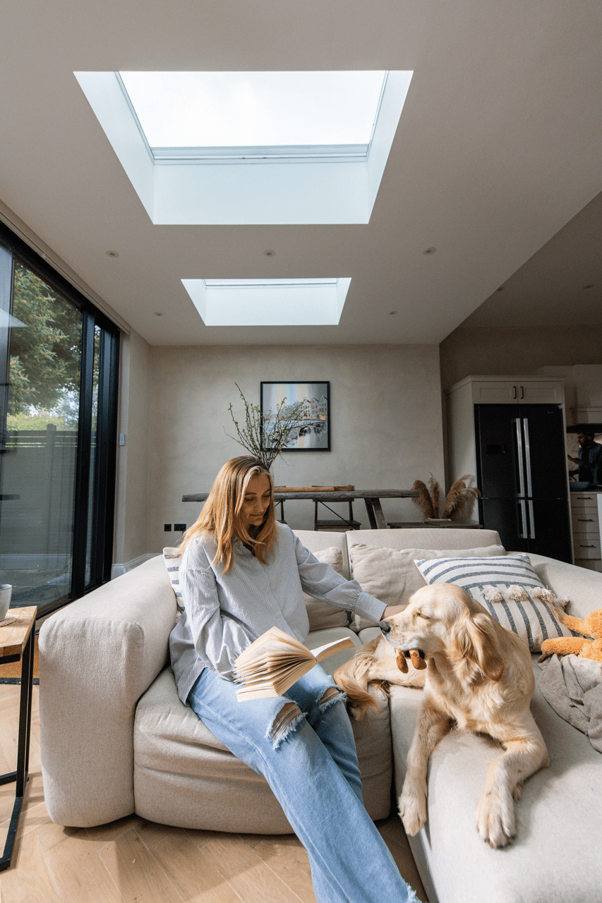How to create a sun-drenched family-friendly space-relaxing/reading on sofa with dog