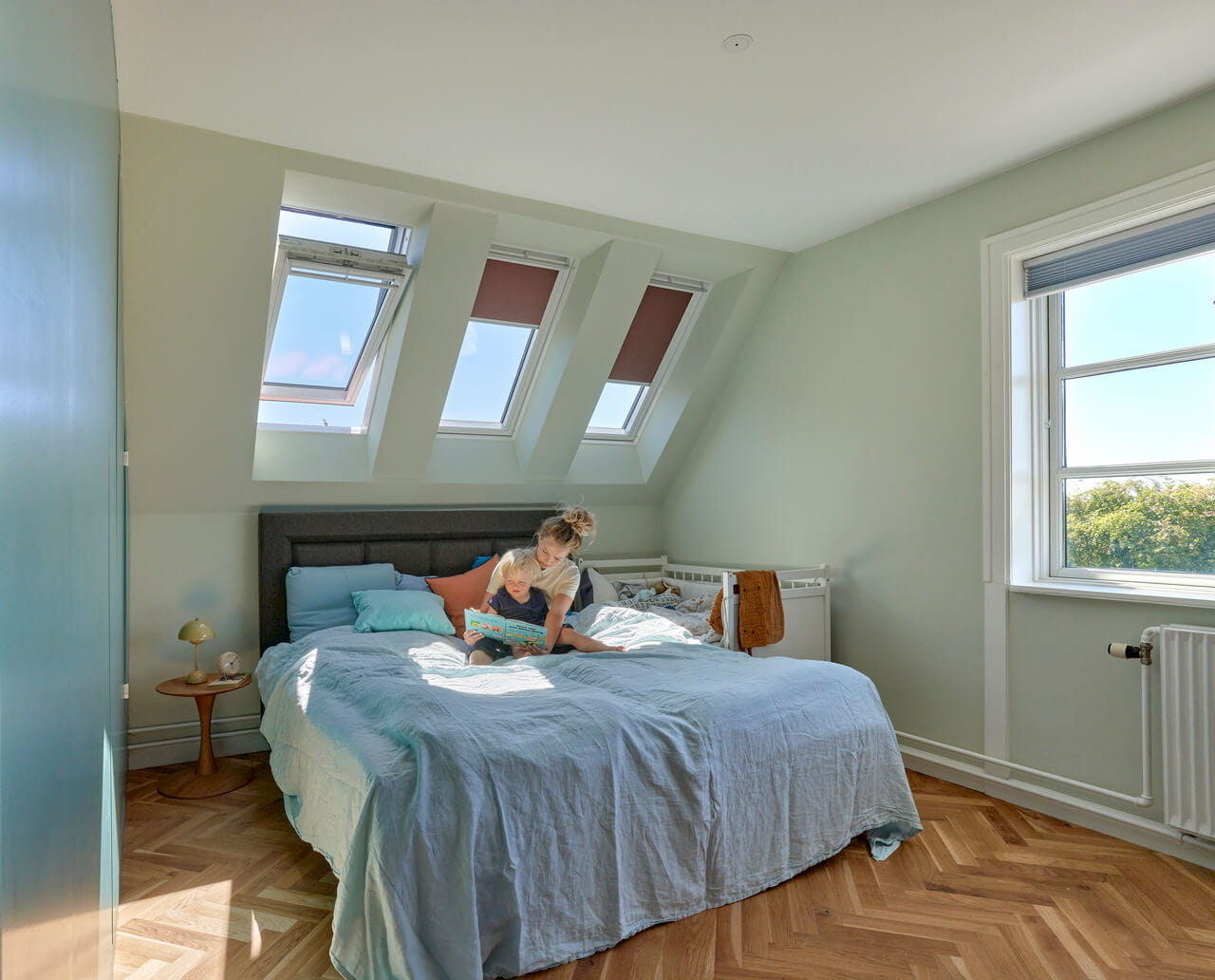 A bright bedroom with roof windows