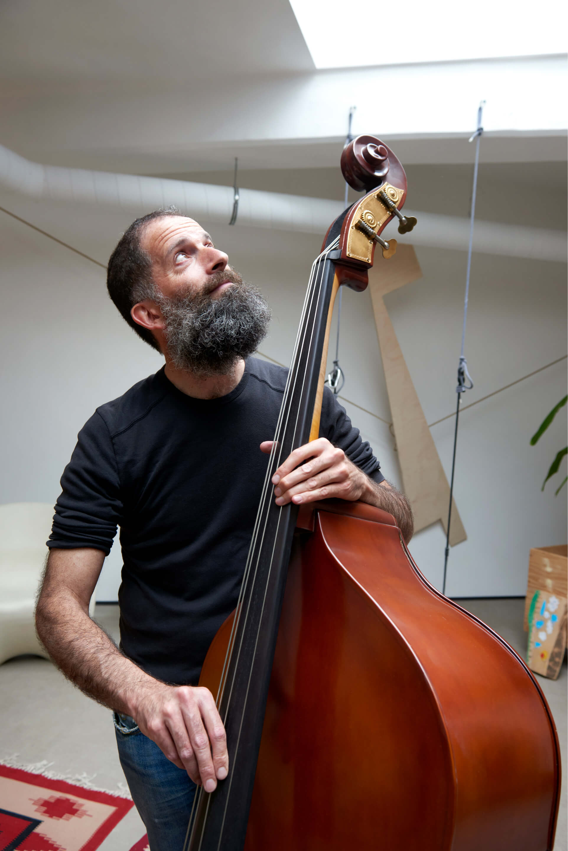Man playing on a contrabass looking up to a roof window