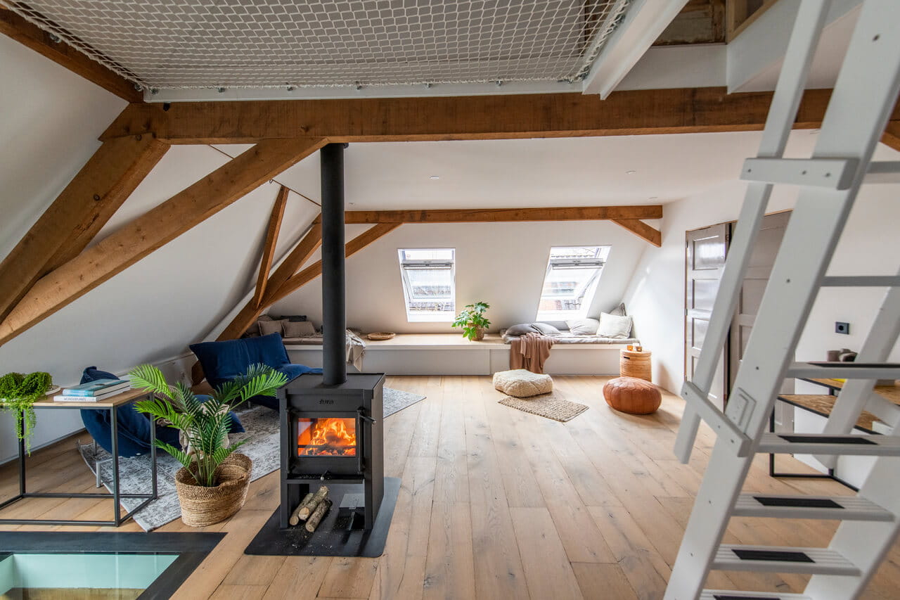 An attic in the house with roof windows.